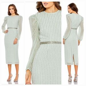 New MAC DUGGAL 93622 Mint Green Long Puff Sleeve Beaded Midi Dress $498 Wm's (4)
